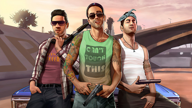 Tři postavy na ulici v Los Santos